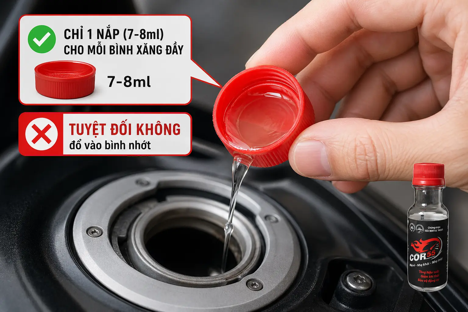 Dùng phụ gia nhiên liệu COR55 để ngăn ngừa khói đen xe máy